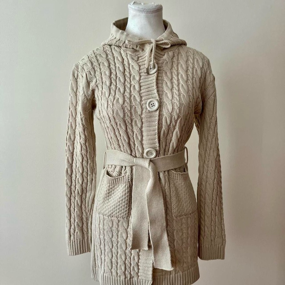 Women's Cable Knit Hooded Sweater - Cream